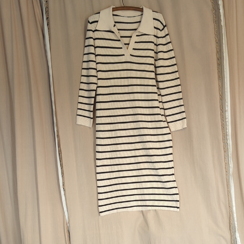 Striped Beige And Black Ribbed Polo Maxi Dress